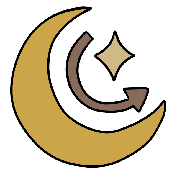 yellow crescent moon with brown curved arrow on inner side and lighter yellow diamond shaped star above that.